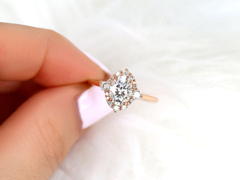 1.50ct Nola 8x6mm 14kt Moissanite Diamond Three Stone Oval Halo Ring