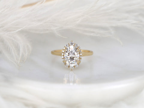 2ct Electra 9x7mm 14kt Moissanite Diamonds Graduated Shield Oval Halo Ring