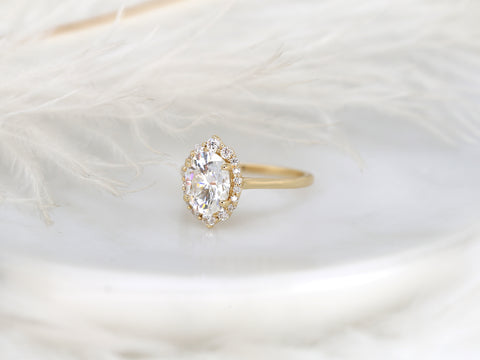 2ct Electra 9x7mm 14kt Moissanite Diamonds Graduated Shield Oval Halo Ring