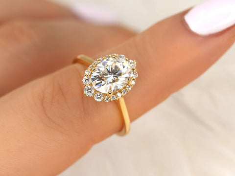 2ct Electra 9x7mm 14kt Moissanite Diamonds Graduated Shield Oval Halo Ring