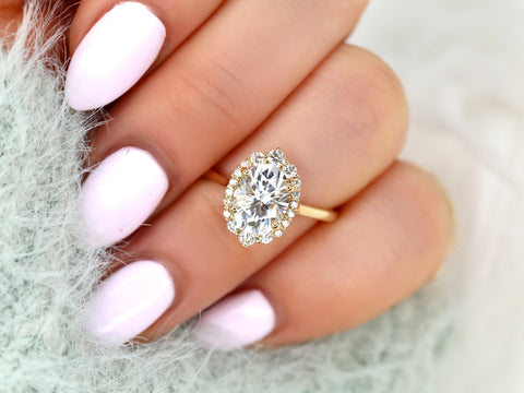 2ct Electra 9x7mm 14kt Moissanite Diamonds Graduated Shield Oval Halo Ring