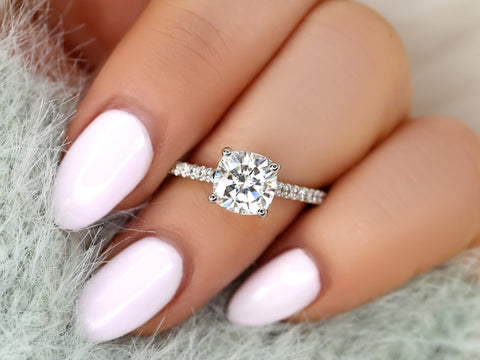 2ct Jenelle 7.5mm 14kt Forever One Moissanite Diamond Cushion Solitaire with Accents Ring - Rosados Box
