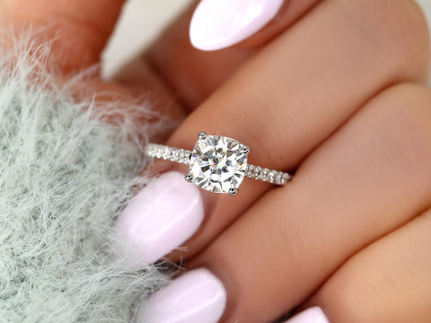 2ct Jenelle 7.5mm 14kt Forever One Moissanite Diamond Cushion Solitaire with Accents Ring - Rosados Box