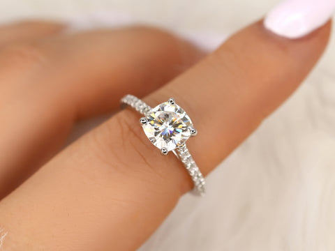 2ct Jenelle 7.5mm 14kt Forever One Moissanite Diamond Cushion Solitaire with Accents Ring - Rosados Box