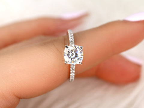 2ct Jenelle 7.5mm 14kt Forever One Moissanite Diamond Cushion Solitaire with Accents Ring - Rosados Box