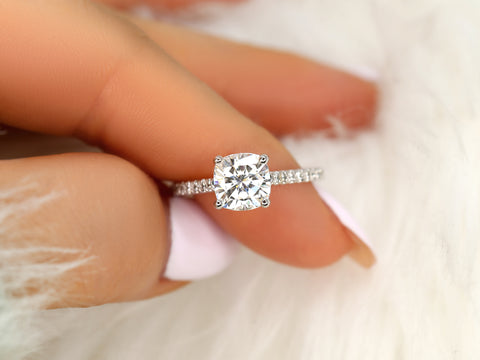 2ct Jenelle 7.5mm 14kt Forever One Moissanite Diamond Cushion Solitaire with Accents Ring - Rosados Box