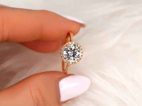 SALE 2ct Kubian 8mm 14kt Rose Gold FB Moissanite Diamonds Round Halo Ring - Rosados Box