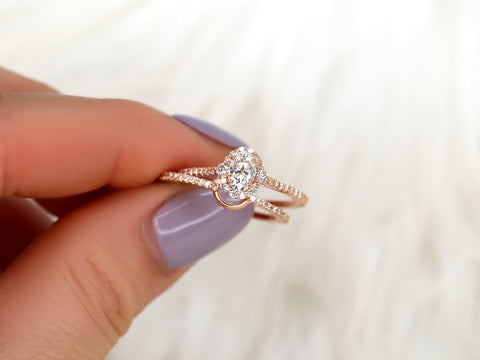 0.50ct Bridgette 6x4mm 14kt Gold Moissanite Diamonds Unique Halo Bridal Set - Rosados Box