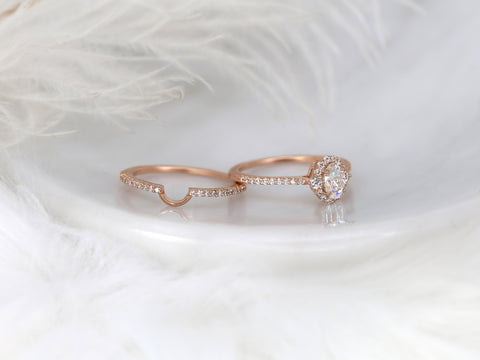 0.50ct Bridgette 6x4mm 14kt Gold Moissanite Diamonds Unique Halo Bridal Set - Rosados Box