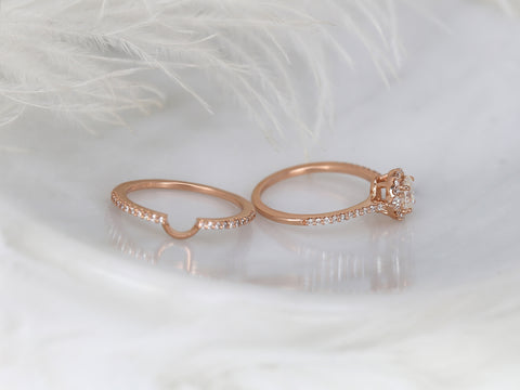 0.50ct Bridgette 6x4mm 14kt Gold Moissanite Diamonds Unique Halo Bridal Set - Rosados Box