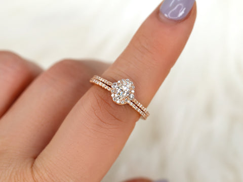 0.50ct Bridgette 6x4mm 14kt Gold Moissanite Diamonds Unique Halo Bridal Set - Rosados Box