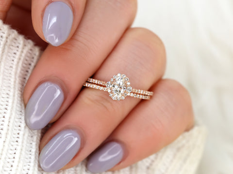 0.50ct Bridgette 6x4mm 14kt Gold Moissanite Diamonds Unique Halo Bridal Set - Rosados Box