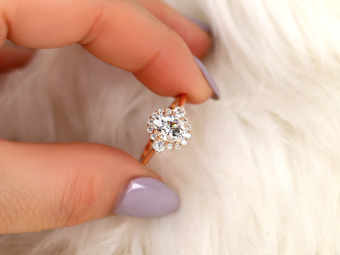 1.50ct Britney 8x6mm 14kt WHITE Gold Moissanite Diamonds Unique Oval Halo Ring - Rosados Box