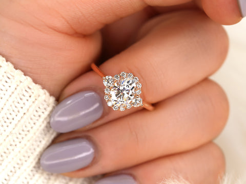 1.50ct Britney 8x6mm 14kt WHITE Gold Moissanite Diamonds Unique Oval Halo Ring - Rosados Box