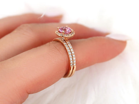 1.31ct Ready to Ship Callie 14kt Rose Gold Padparadscha Sapphire Diamonds Dainty Round Halo Bridal Set