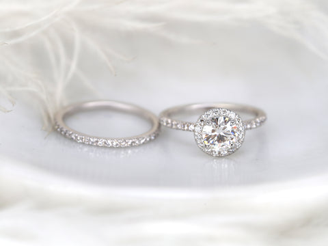 1ct Callie 6.5mm 14kt White Gold Forever One Moissanite Diamond Round Halo Bridal Set - Rosados Box