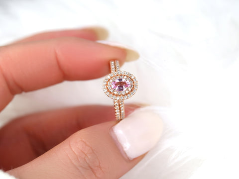 Cara 6x4mm 14kt Rose Gold Oval Raspberry Peach Sapphire Diamonds Dainty Pave Double Halo Bridal Set
