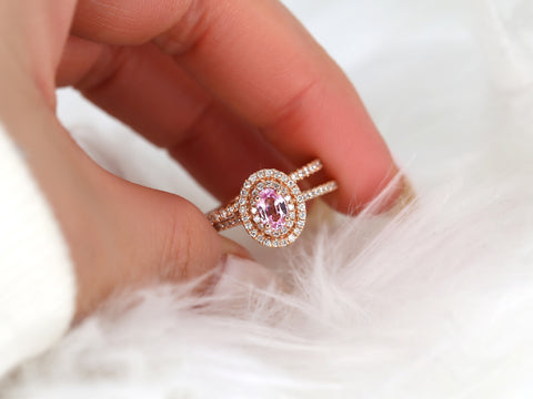 Cara 6x4mm 14kt Rose Gold Oval Raspberry Peach Sapphire Diamonds Dainty Pave Double Halo Bridal Set