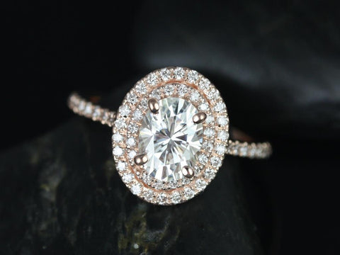 SALE 1.50ct Ready to Ship Cara 8x6mm 14kt GoldFB Moissanite Diamonds Double Halo Ring
