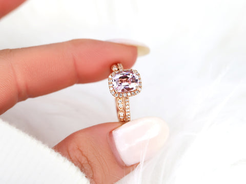2.03ct Ready to Ship Carrie & Christie 14kt Rose Gold Blush Champagne Sapphire Diamond Art Deco Pave Halo Bridal Set