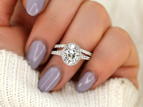 2ct Clarise 9x7mm 14kt Gold Moissanite Diamond Mermaid Split Shank Oval Bridal Set - Rosados Box