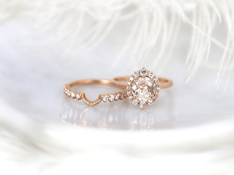 2cts Ready to Ship Eluma 14kt Rose Gold Peach Champagne Sapphire Diamond Shield Graduated Halo Bridal Set