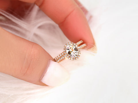 1.31ct Ready to Ship Federella 14kt Rose Gold Peach Champagne Sapphire Diamonds Oval Halo Bridal Set