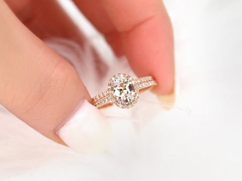1.31ct Ready to Ship Federella 14kt Rose Gold Peach Champagne Sapphire Diamonds Oval Halo Bridal Set
