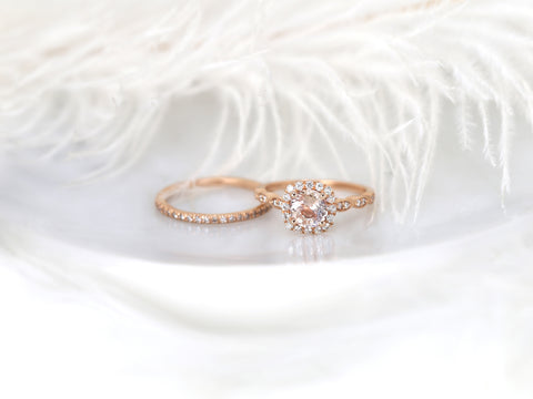 1.19cts Ready to Ship Fluffy Christie & Callie 14kt Rose Gold Peach Sapphire Diamond Cushion Halo Bridal Set