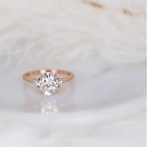 2ct Ready to Ship Gloria 9x7mm 14kt Rose Gold Moissanite Diamond 3 Stone Oval Ring
