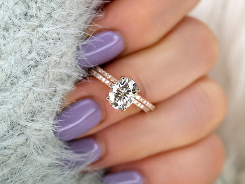 2ct Hillary 9x7mm 14kt Moissanite Diamond Oval Solitaire Hidden Halo Bridal Set