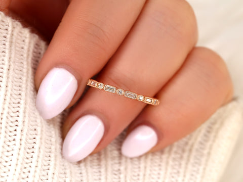 Ivanna 14kt Gold Round Baguette Diamonds WITH Milgrain HALFWAY Eternity Ring - Rosados Box