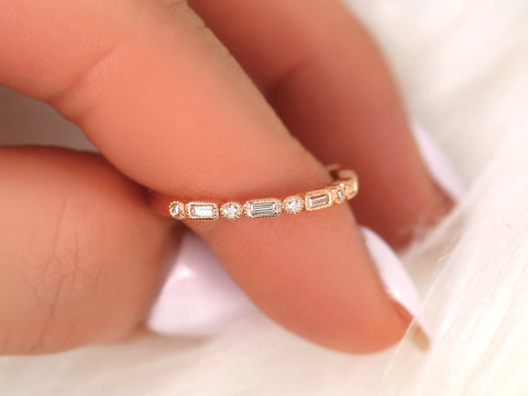Ivanna 14kt Gold Round Baguette Diamonds WITH Milgrain HALFWAY Eternity Ring - Rosados Box