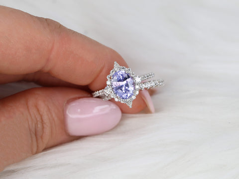 2.34ct Ready to Ship Jadis 14kt White Gold Oval Lavender Purple Sapphire Diamond Star Unique Halo Bridal Set