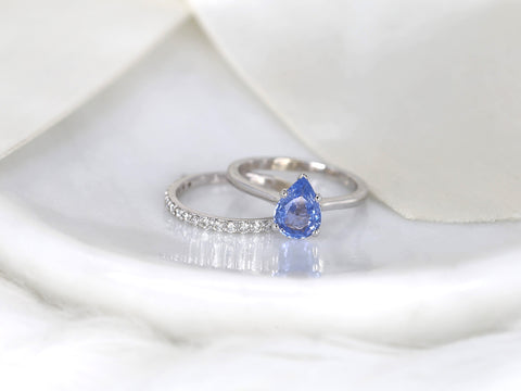 1.30ct Ready to Ship Skinny Jane & Tiffani 14k Cornflower Blue Sapphire Diamond Pear Solitaire Bridal Set
