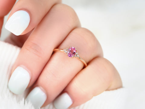 Ready to Ship Juniper 6x4mm 14kt Rose Gold Pink Sapphire Diamonds Dainty Oval Cluster Ring