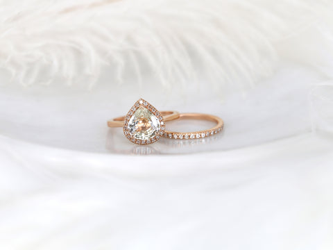 2.86ct Ready to Ship Karma & Pernella 14kt Rose Gold Wide Pear Butter Champagne Sapphire Diamond Halo Bridal Set
