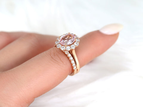 3.37cts Ready to Ship Katherine 14kt Rose Gold Champagne Peach Sapphire Diamond Halo Wedding Set Rings