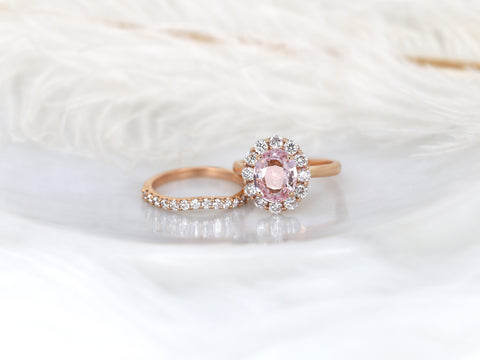 3.37cts Ready to Ship Katherine 14kt Rose Gold Champagne Peach Sapphire Diamond Halo Wedding Set Rings