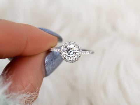 1ct Kimberly 6.5mm Platinum FB Moissanite Diamond Pave Halo Ring - Rosados Box