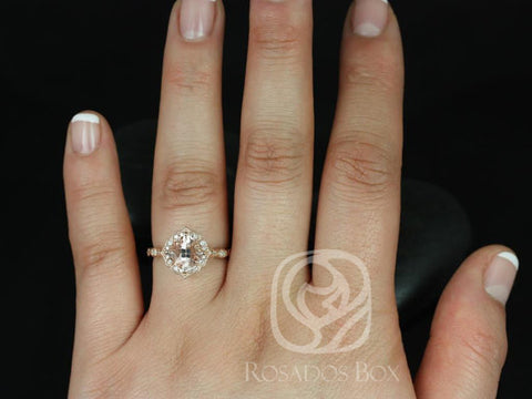 Ready to Ship Lucille 7mm 14kt WHITE Gold WITH Milgrain Morganite Diamond Kite Cushion Halo Ring