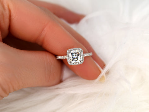 SALE 1.70ct Ready to Ship Pernella 7mm 14kt White Gold FB Moissanite Diamond Cushion Halo Ring