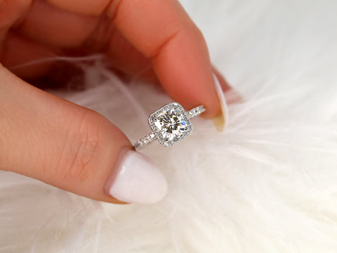 SALE 1.70ct Ready to Ship Pernella 7mm 14kt White Gold FB Moissanite Diamond Cushion Halo Ring