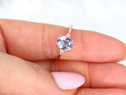 2.52ct Ready to Ship Petite Emery 14kt Rose Gold Lavender Cornflower Blue Sapphire Diamond Minimalist 3 Stone Oval Ring