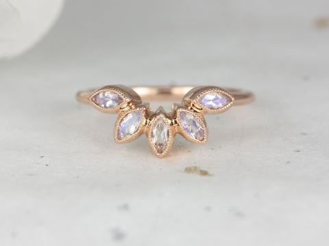 Petunia 14kt Rose Gold Marquise Rainbow Moonstone WITH Milgrain Curved Nesting Wedding Ring
