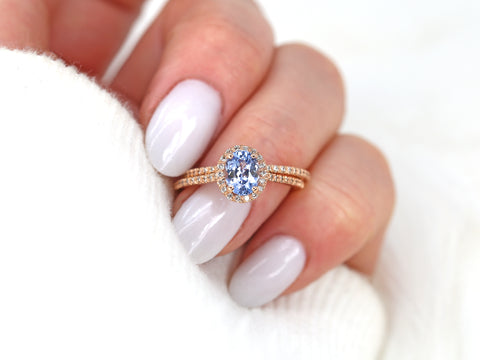 1.07ct Ready to Ship Rebecca 14kt Rose Gold Icy Blue Sapphire Diamond Dainty Oval Halo Bridal Set