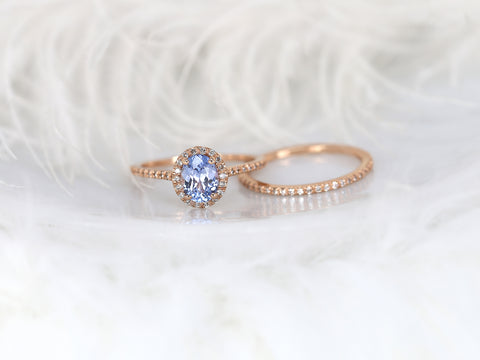 1.07ct Ready to Ship Rebecca 14kt Rose Gold Icy Blue Sapphire Diamond Dainty Oval Halo Bridal Set
