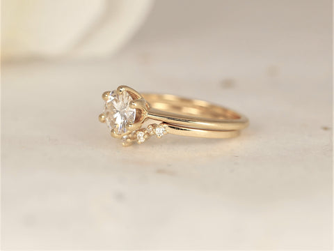 1ct Skinny Webster 6.5mm & Remy 14kt Gold Moissanite Diamond Unique Six Prong Round Solitaire Bridal Set
