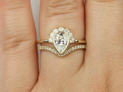 1ct Oana 8x5mm & Chevy 14kt Gold Moissanite Diamonds Pear Half Halo Bridal Set Ring