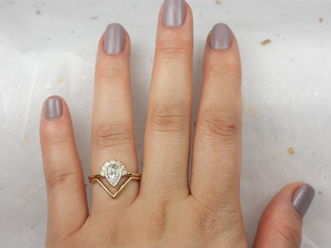 1ct Oana 8x5mm & Femme 14kt Gold Moissanite Diamonds Bezel Crescent Pear Half Halo Bridal Set